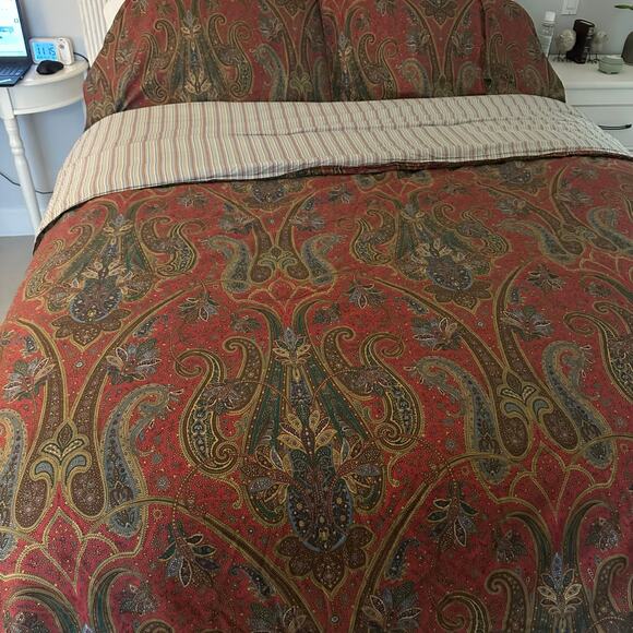 Ralph Lauren Red Paisley Reversible King Comforter Set Striped 3 Piece - Picture 1 of 11